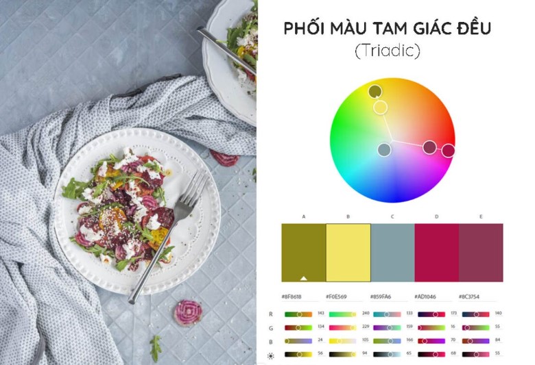phối màu tam giác đều chụp ảnh đồ ăn