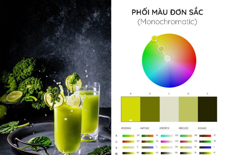 sử dụng tông màu xanh làm chủ đạo cho ly nước ép